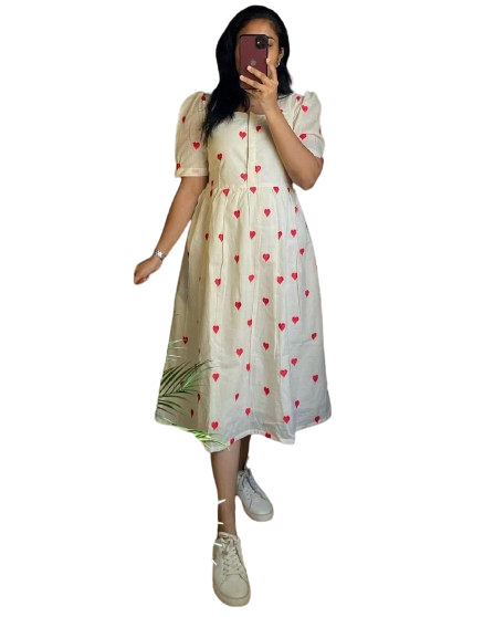 New Beautiful  printed Love color Cream cotton middi Gown dress