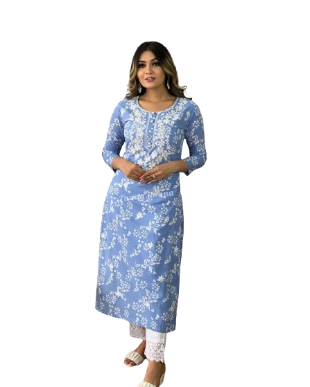 Rayon printed embroidery kurti with Lace work pant