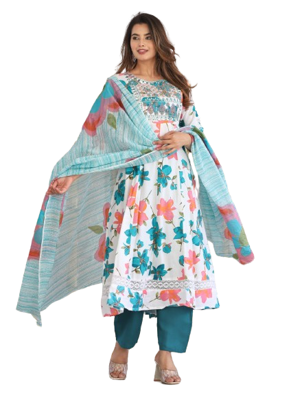 Fabric gown kurti full flair pent with Duppta set